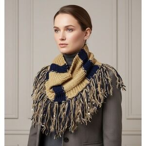 NEW Hand Knitted Navy Blue Beige Boho Cowl Scarf Fringe Coastal Indie Chic Artsy
